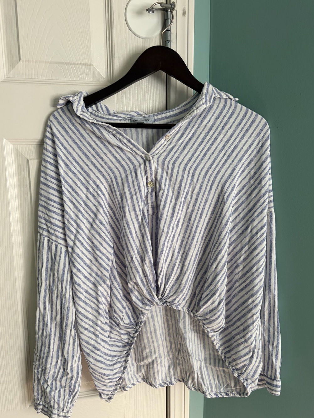 Striped Blue and White Knot-Front Women's Top